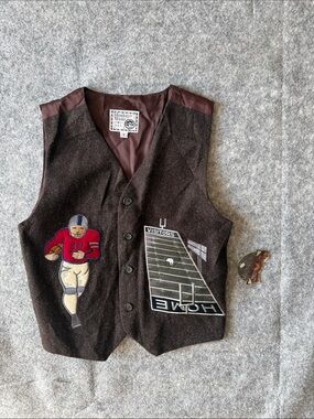 Vintage 90s Monkey Wear Football Embroidered Wool Blend Brown Vintage Vest sz 7
